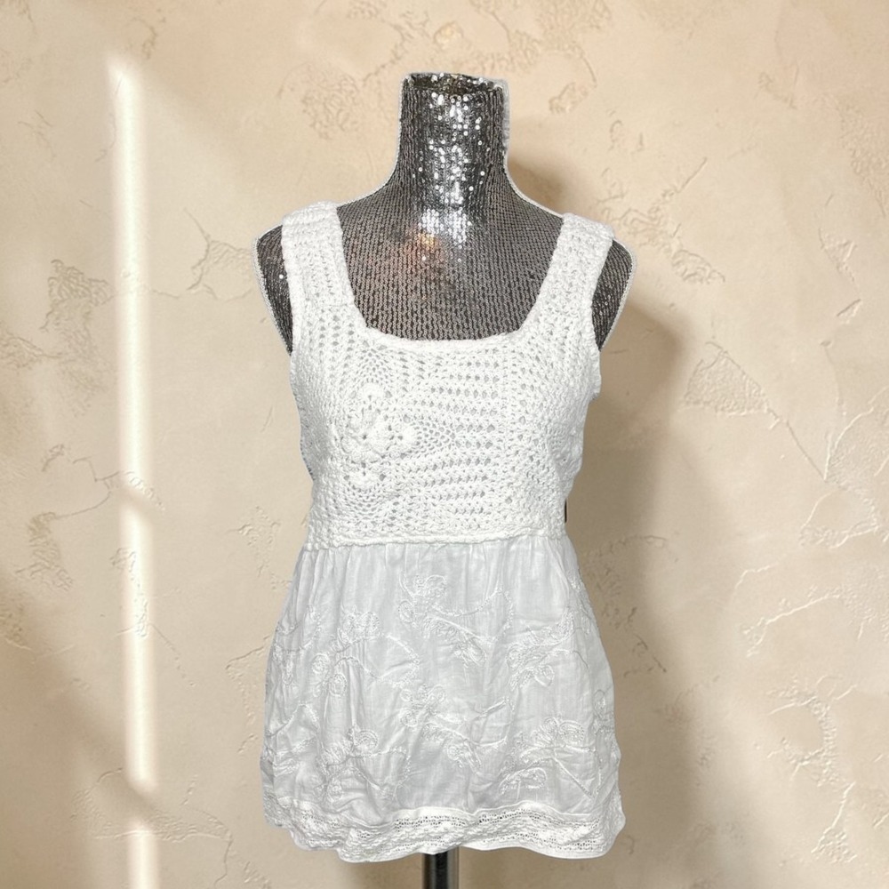 White Cotton Crochet Peplum Top Sleeveless Boho Embroidered Cottagecore Medium